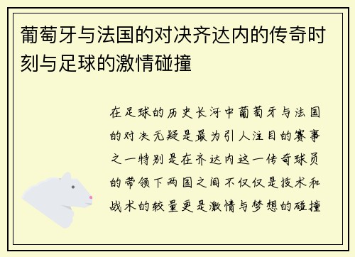 葡萄牙与法国的对决齐达内的传奇时刻与足球的激情碰撞